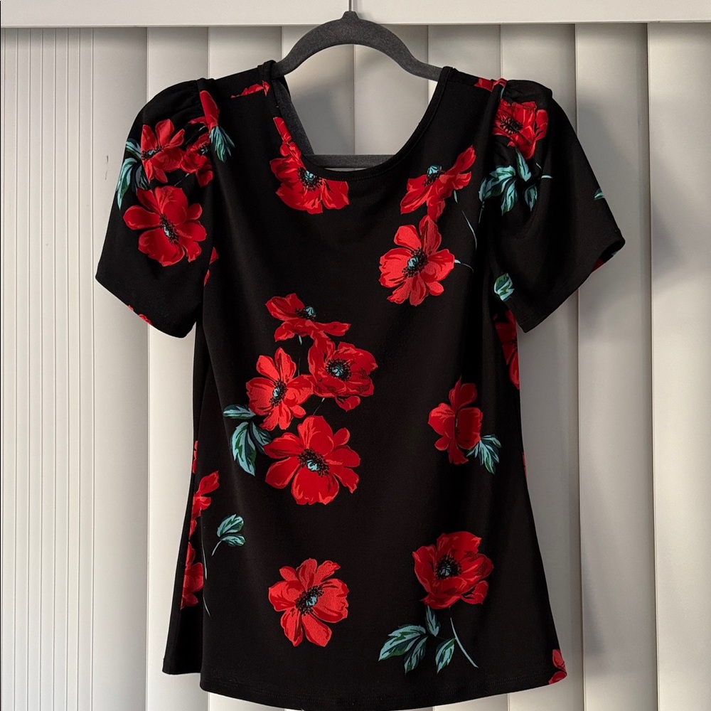 Express Black Top with Red Floral Design